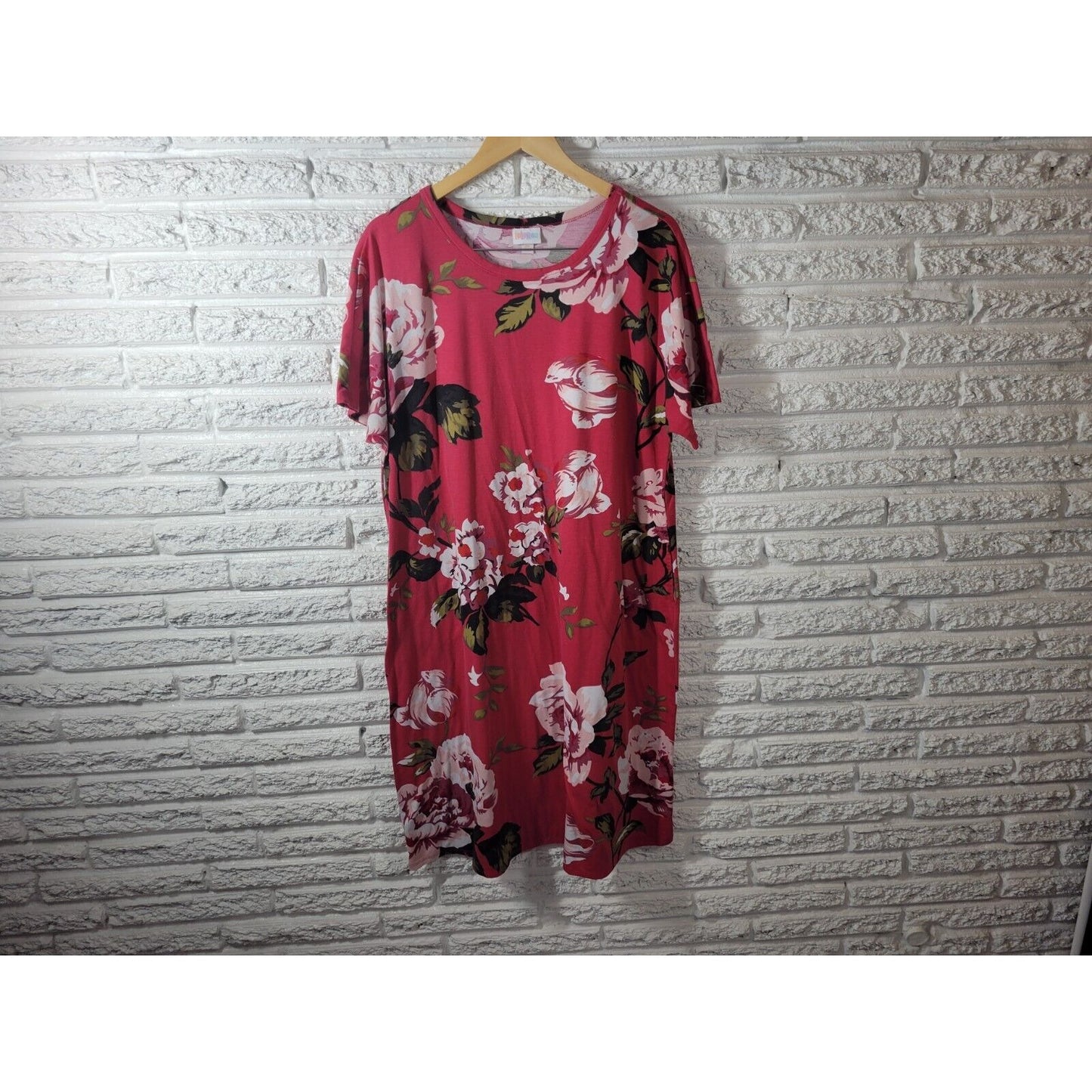 Lularoe Womens Dress 3XL Plus Tee Short Sleeve Red Floral Knee Length Pockets
