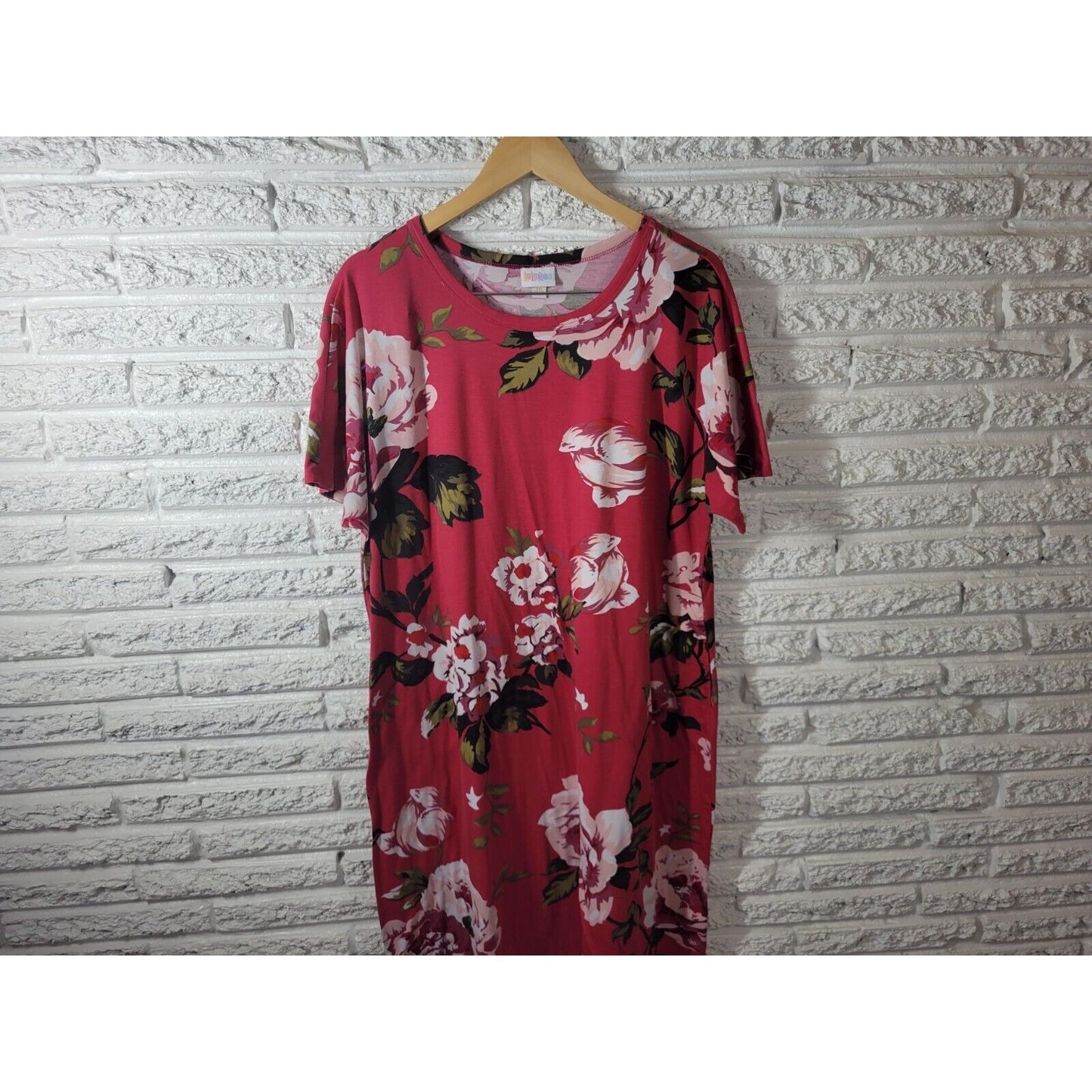 Lularoe Womens Dress 3XL Plus Tee Short Sleeve Red Floral Knee Length Pockets