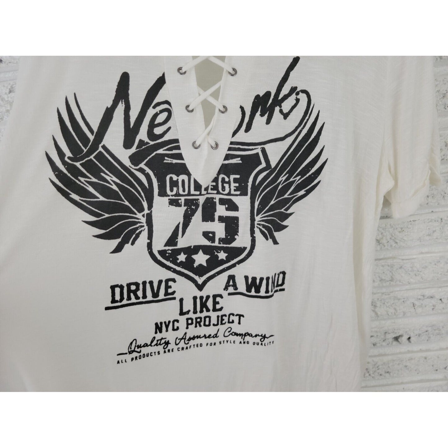 New York College Womens Top 3X Plus Tee Lace Up White Drive Like Wind Casual