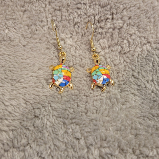 Turtles #6 Womens Earrings One Pair Blue Yellow Zinc Alloy Hanging Gold Tone