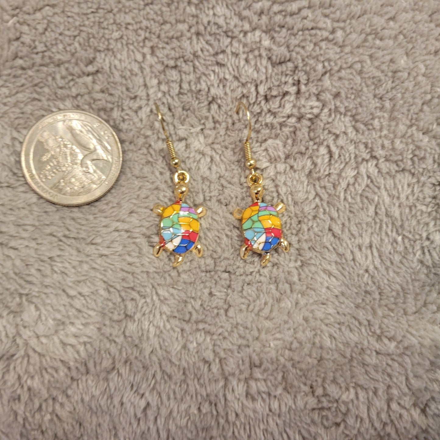 Turtles #6 Womens Earrings One Pair Blue Yellow Zinc Alloy Hanging Gold Tone