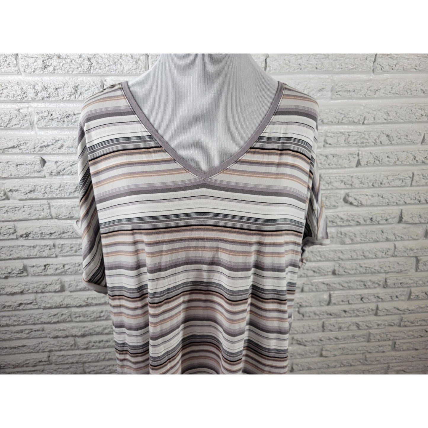 Isaac Mizrahi Live Womens Top 2X Plujs Tee Gray Stripe Cap Sleeve Cotton Blend