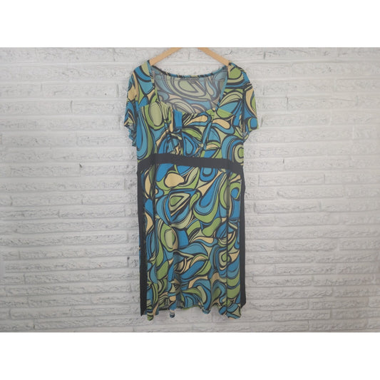 Apt 9 Women Dress 2X Plus Shirt Cap Sleeve Pullover Green Abstract Sash Office