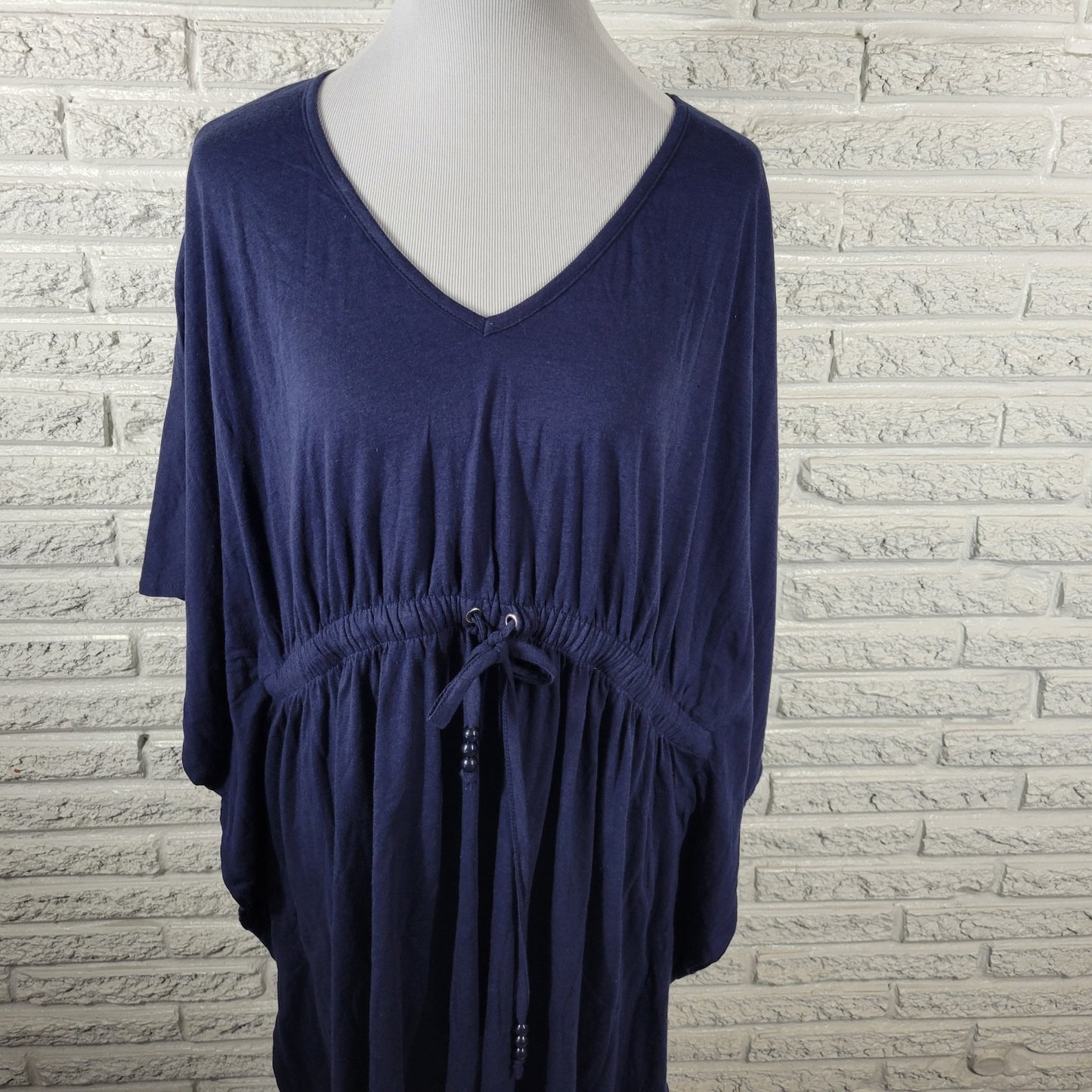 Swim 365 Womens Coverup 1X Plus Batwing Kimono Sleeve Blue Drawstring Comfy