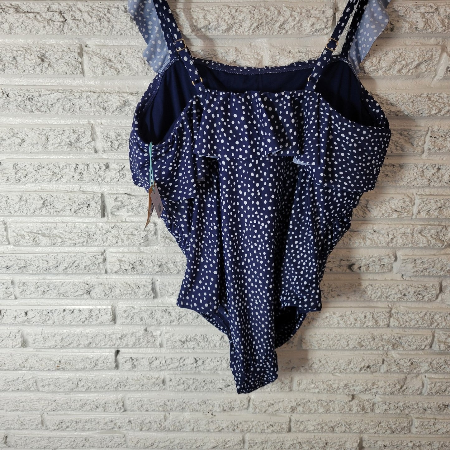 Kona Sol Womens Swimsuit 20 Plus Ruffle Strap Blue White Polka Dot Lined Bra