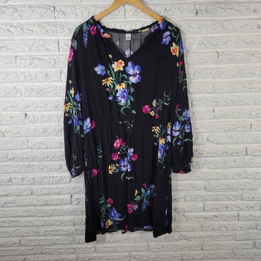Old Navy Womens Dress Extra Large XL Long Sleeve Black Pink Floral Rayon Career