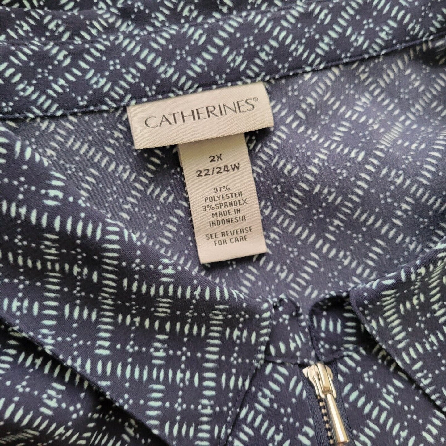 Catherines Women Top 2X Plus Tunic 3/4 Sleeve Blue Geometric Quarter Zip Pockets