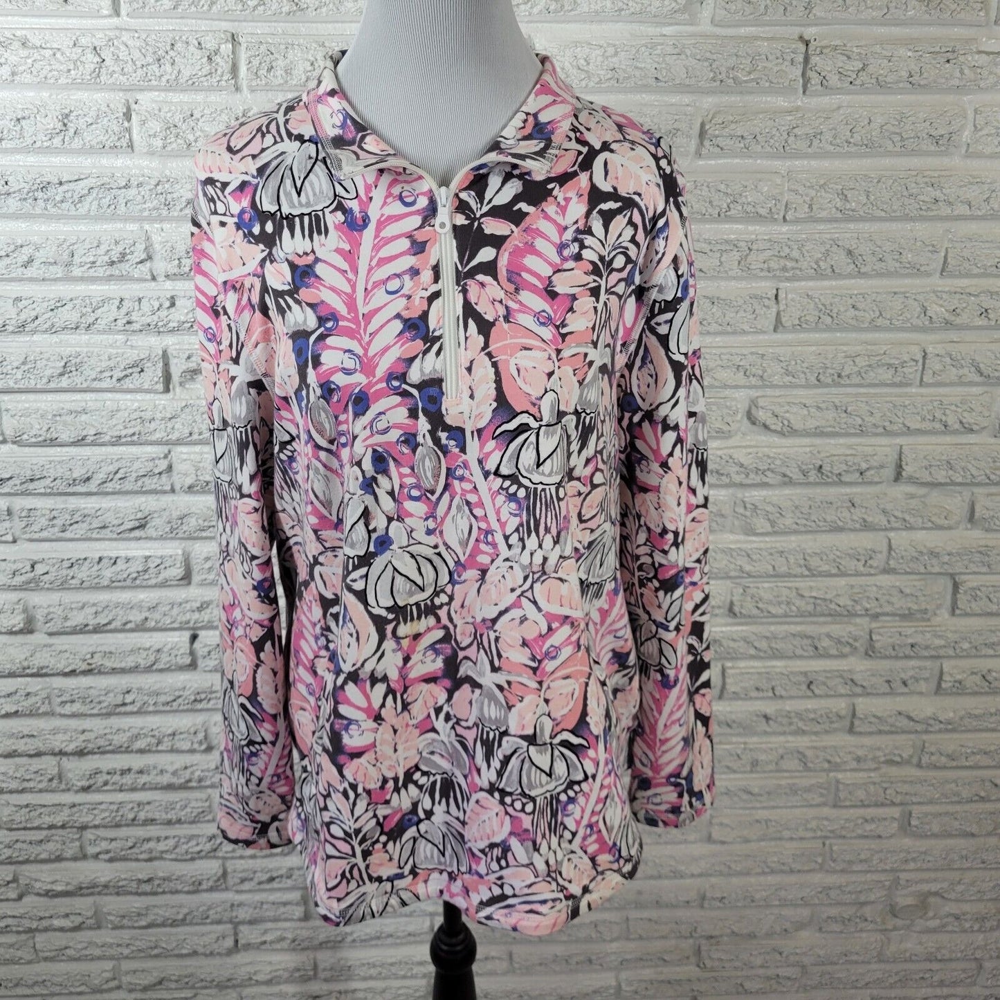 T by Talbots Womens Jacket XL Pink Blue Floral Pockets Quarter Zip Cotton Blend