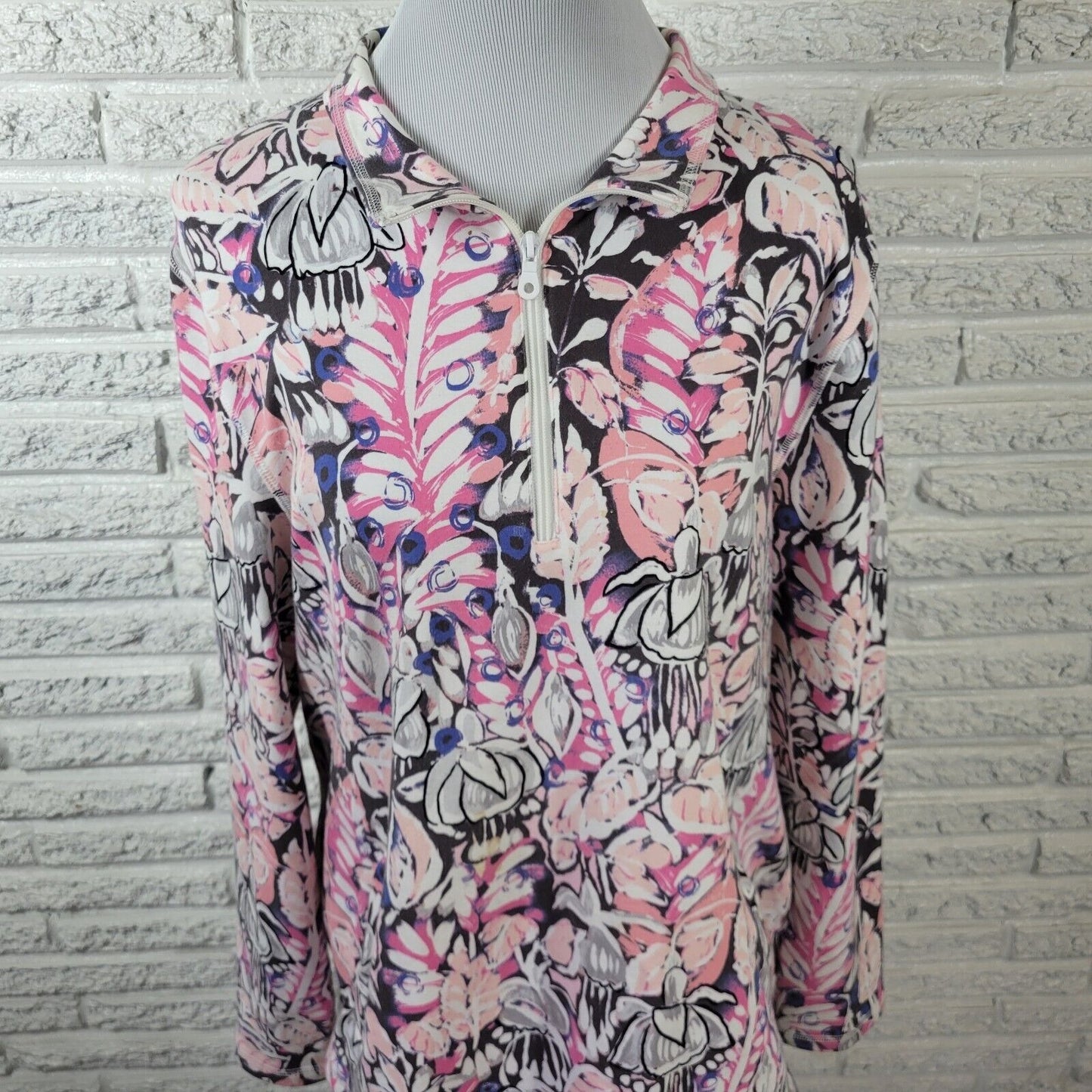 T by Talbots Womens Jacket XL Pink Blue Floral Pockets Quarter Zip Cotton Blend
