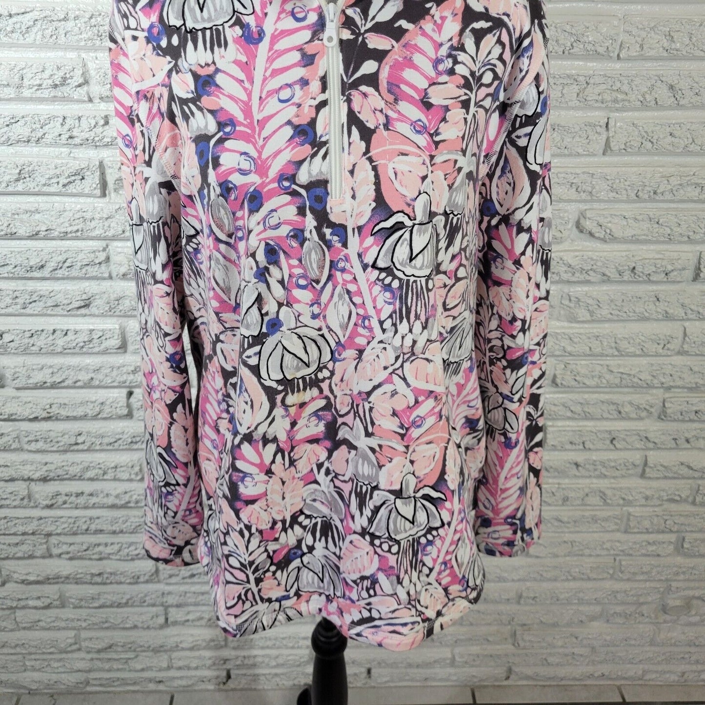 T by Talbots Womens Jacket XL Pink Blue Floral Pockets Quarter Zip Cotton Blend