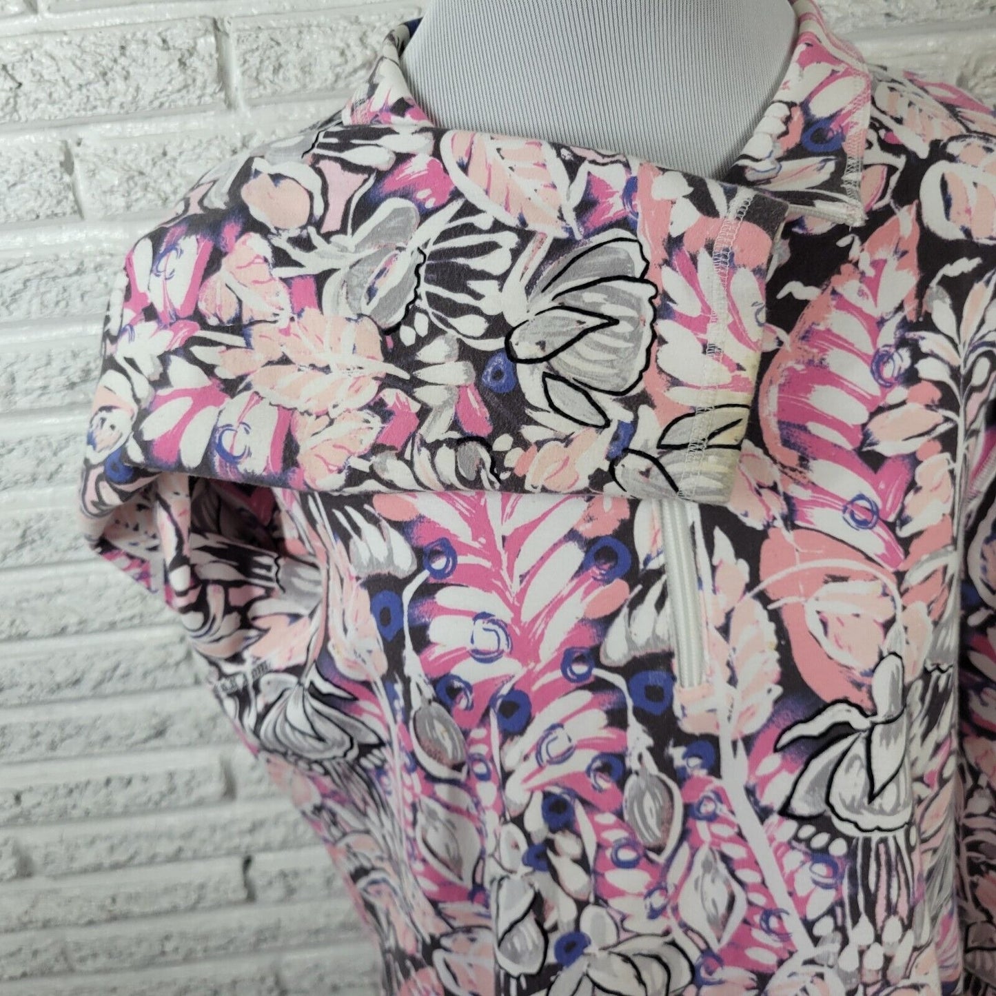 T by Talbots Womens Jacket XL Pink Blue Floral Pockets Quarter Zip Cotton Blend