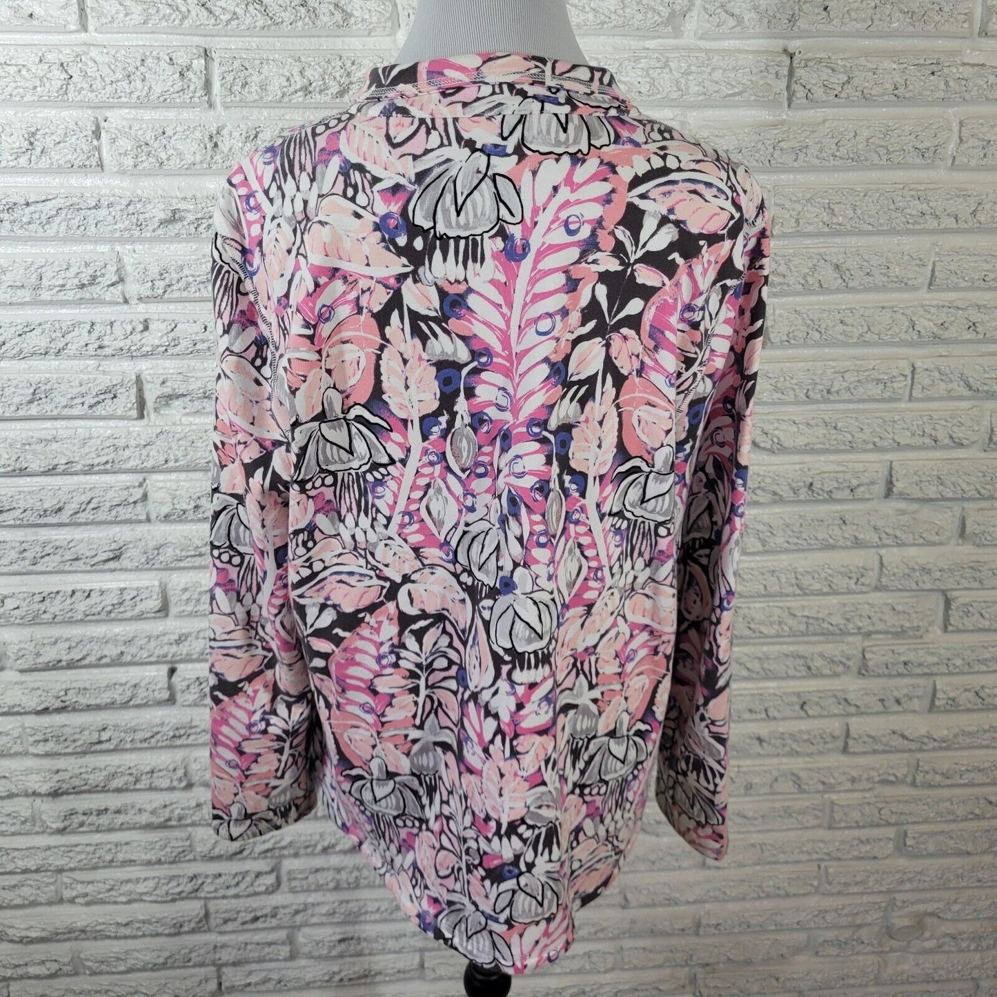 T by Talbots Womens Jacket XL Pink Blue Floral Pockets Quarter Zip Cotton Blend