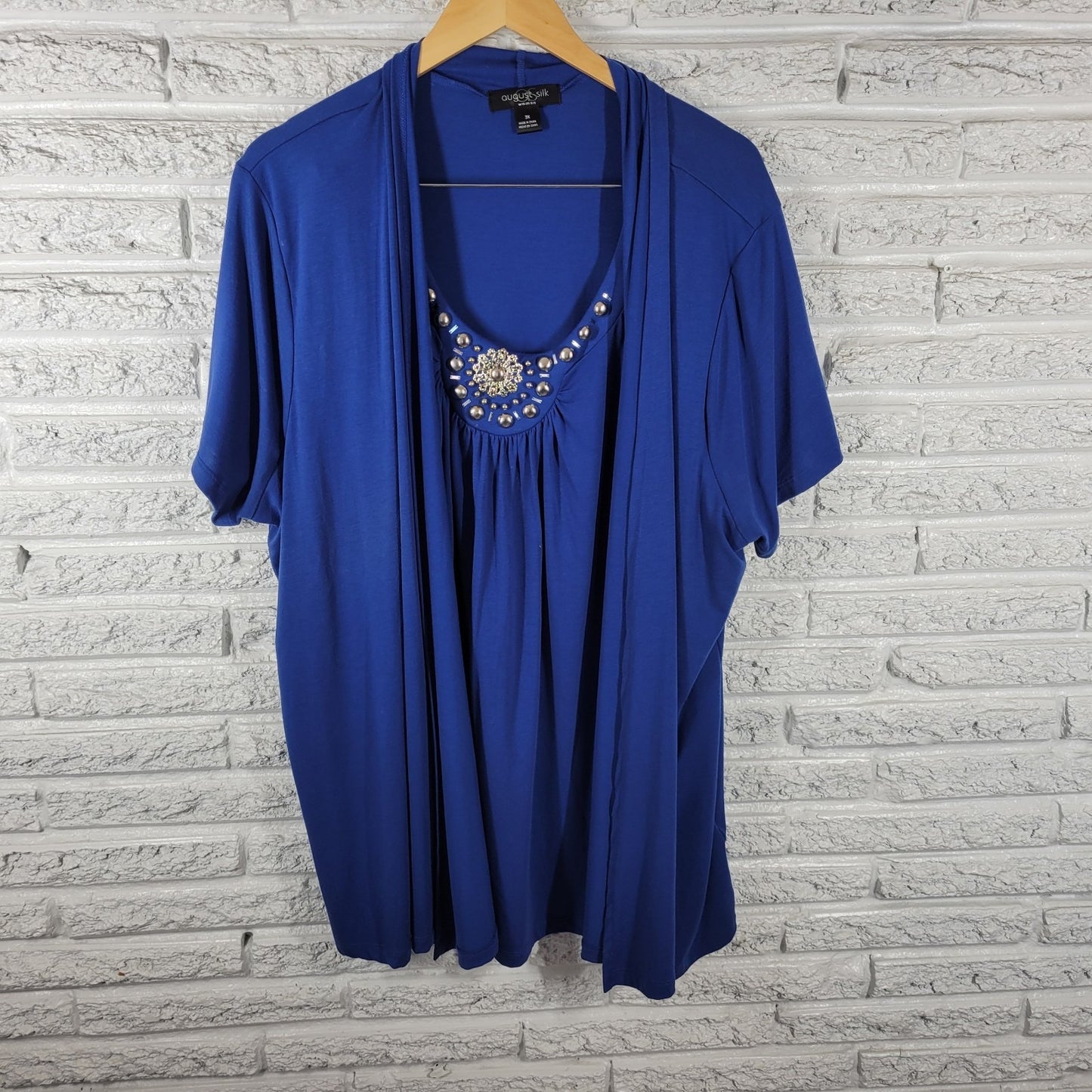 August Silk Womens Top 3X Plus Tunic Short Sleeve Blue Studded Poly Blend Comfy