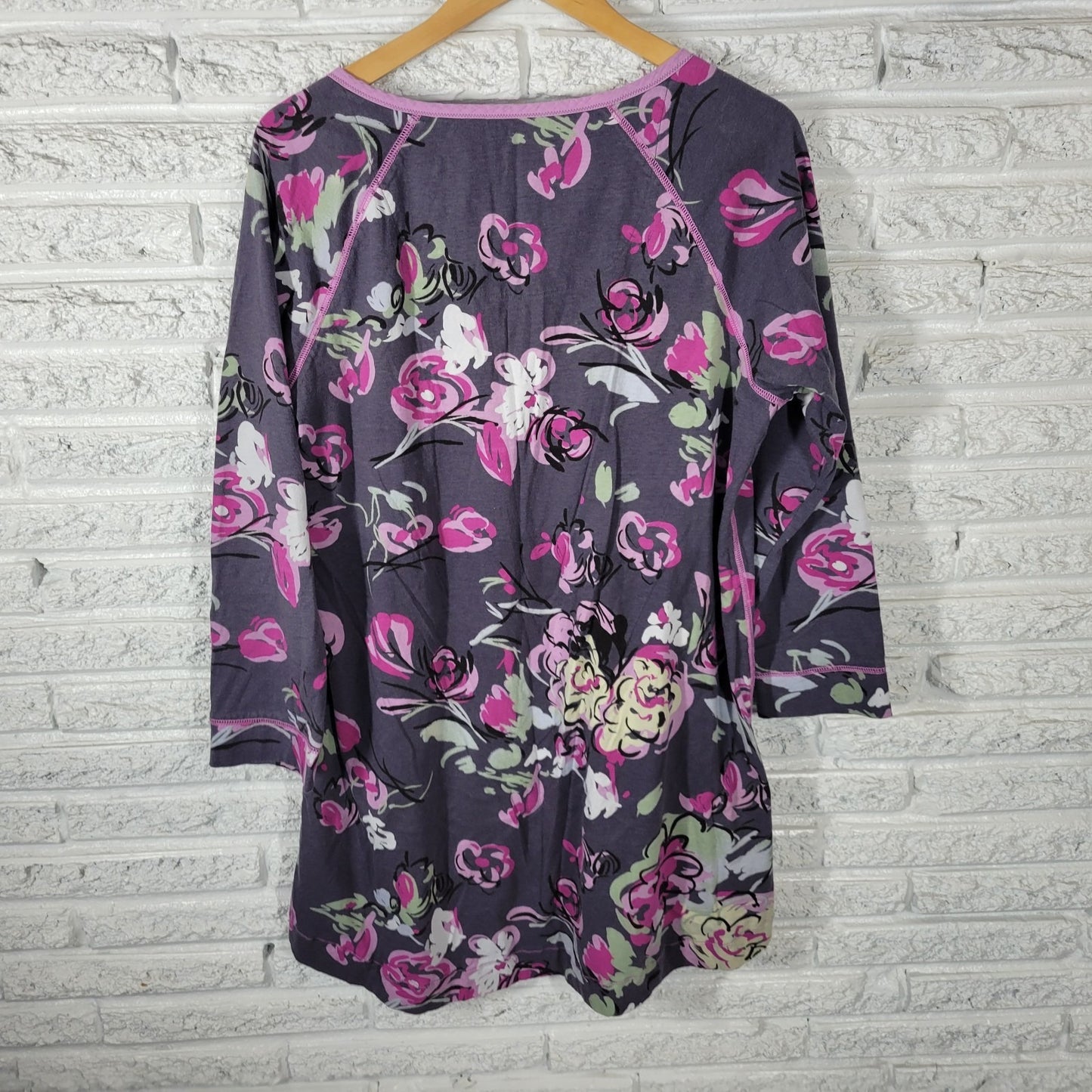 Soma Womens Pajama Top Extra Large 3/4 Sleeve Gray Lavender Floral Button Cotton