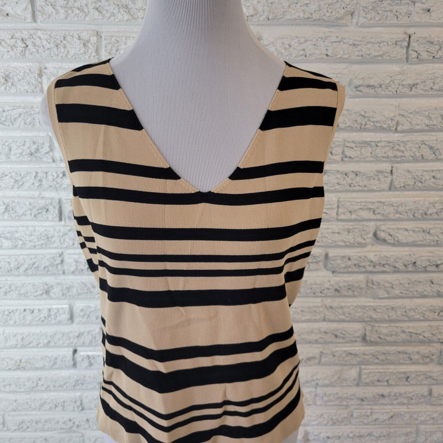 Worthington Womens Top Extra Large Sleeveless Black Beige Stripe Knit Office