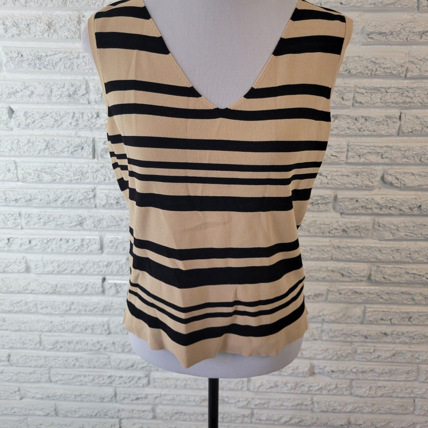 Worthington Womens Top Extra Large Sleeveless Black Beige Stripe Knit Office
