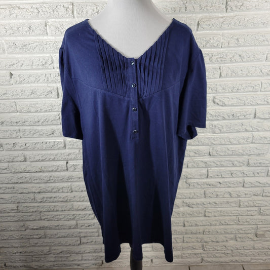 Liz Me Womens Top 2X Tunic Plus Short Sleeve Blue Buttons Cotton Blend Pintucked