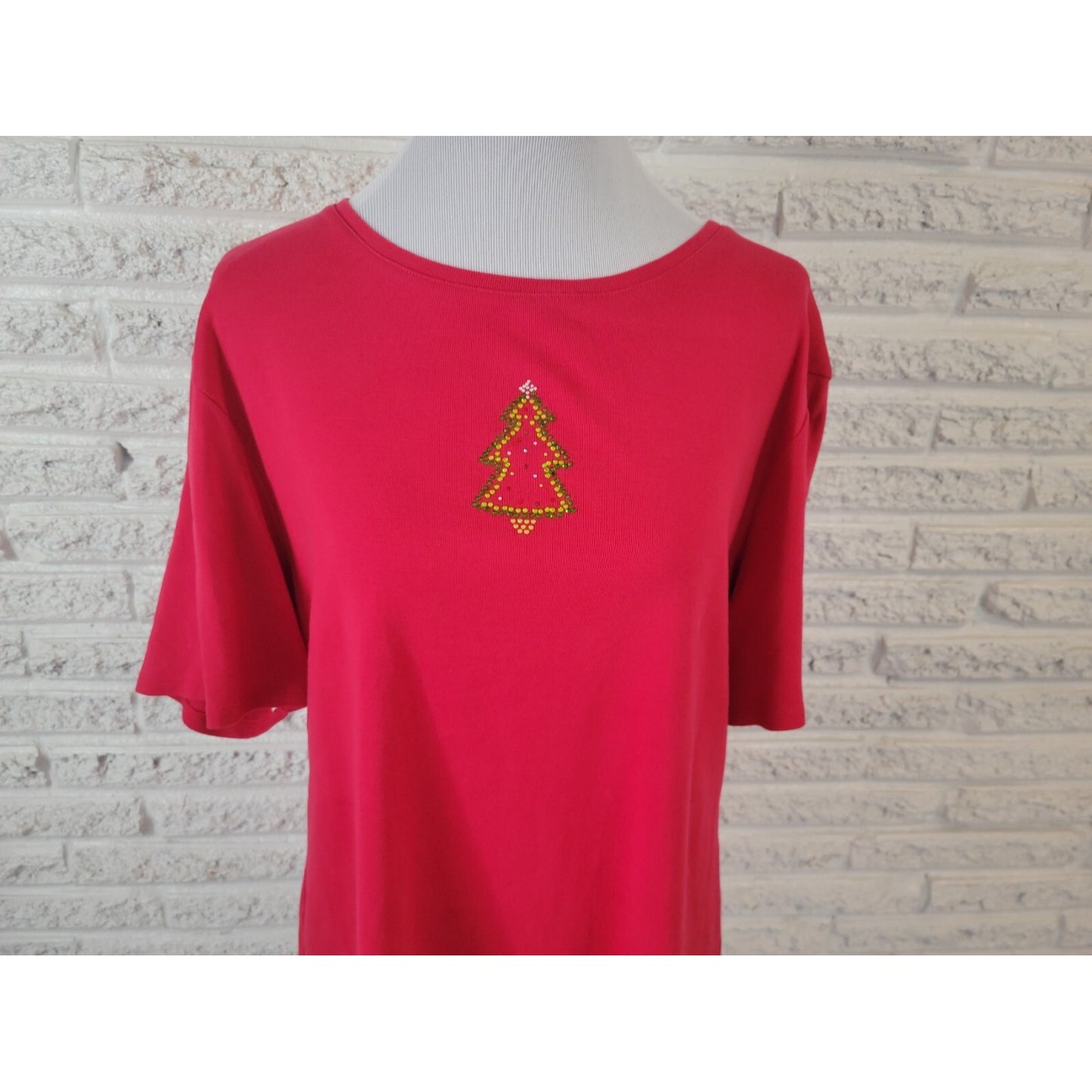 Christmas Bay Studio Women Top 2X Plus Short Sleeve Tree Cotton Rhinestone Red
