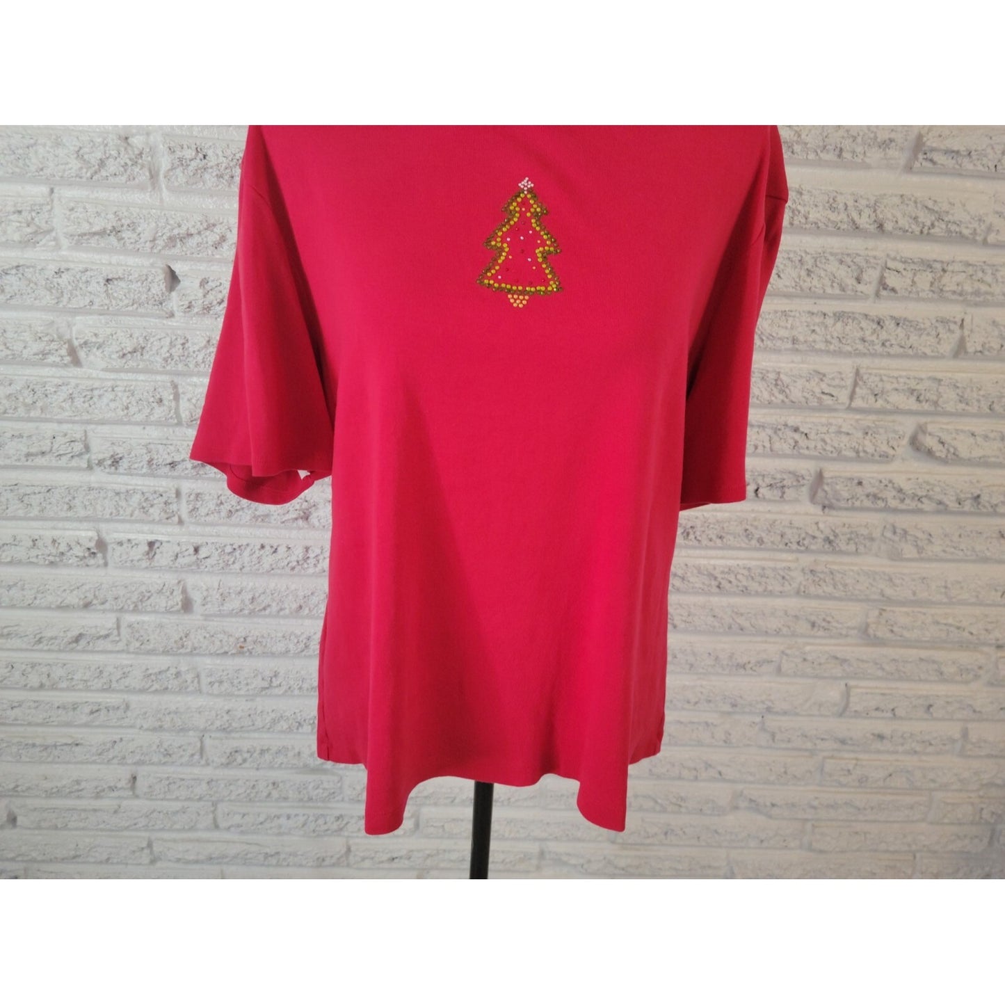 Christmas Bay Studio Women Top 2X Plus Short Sleeve Tree Cotton Rhinestone Red