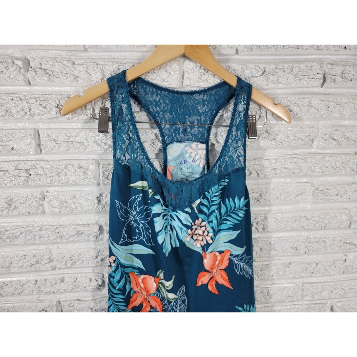 Apt 9 Women Top 1X Pajama Tank Racerback Lace Blue Floral Lightweight Poly Blend