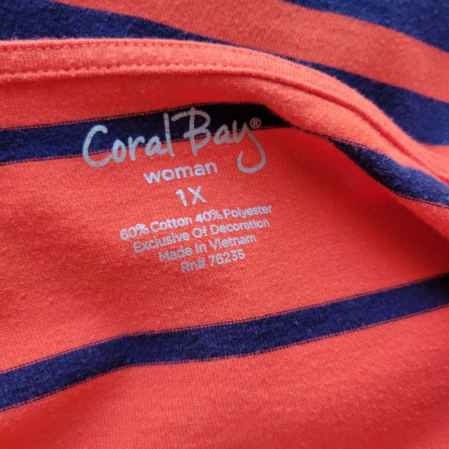 Coral Bay Womens Top 1X Plus Tee Long Roll Tab Sleeve Cotton Orange Blue Stripe