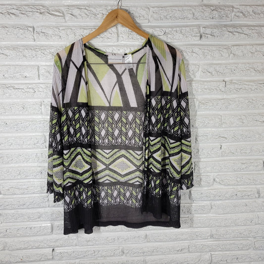 Alfred Dunner Womens Top 1X Plus Open Overlay Mesh Green Black Geometric Sheer