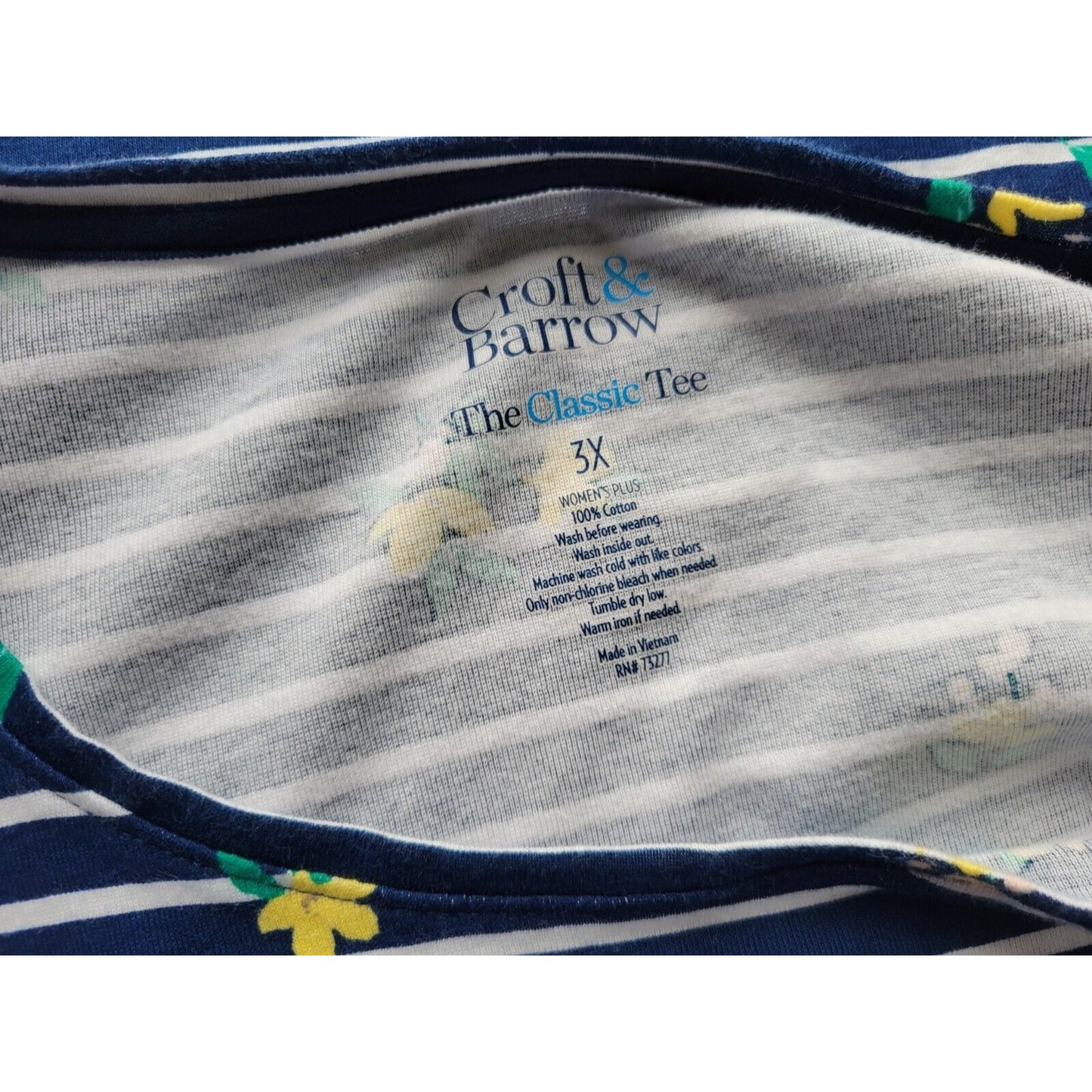 Croft Barrow Womens Top 3X Plus Tee Short Sleeve Blue Floral Stripe Cotton