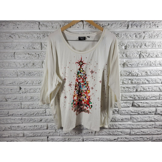 Christmas Onque Casuals Womens Top 2X Plus Tee 3/4 Sleeve Rhinestones Tree White