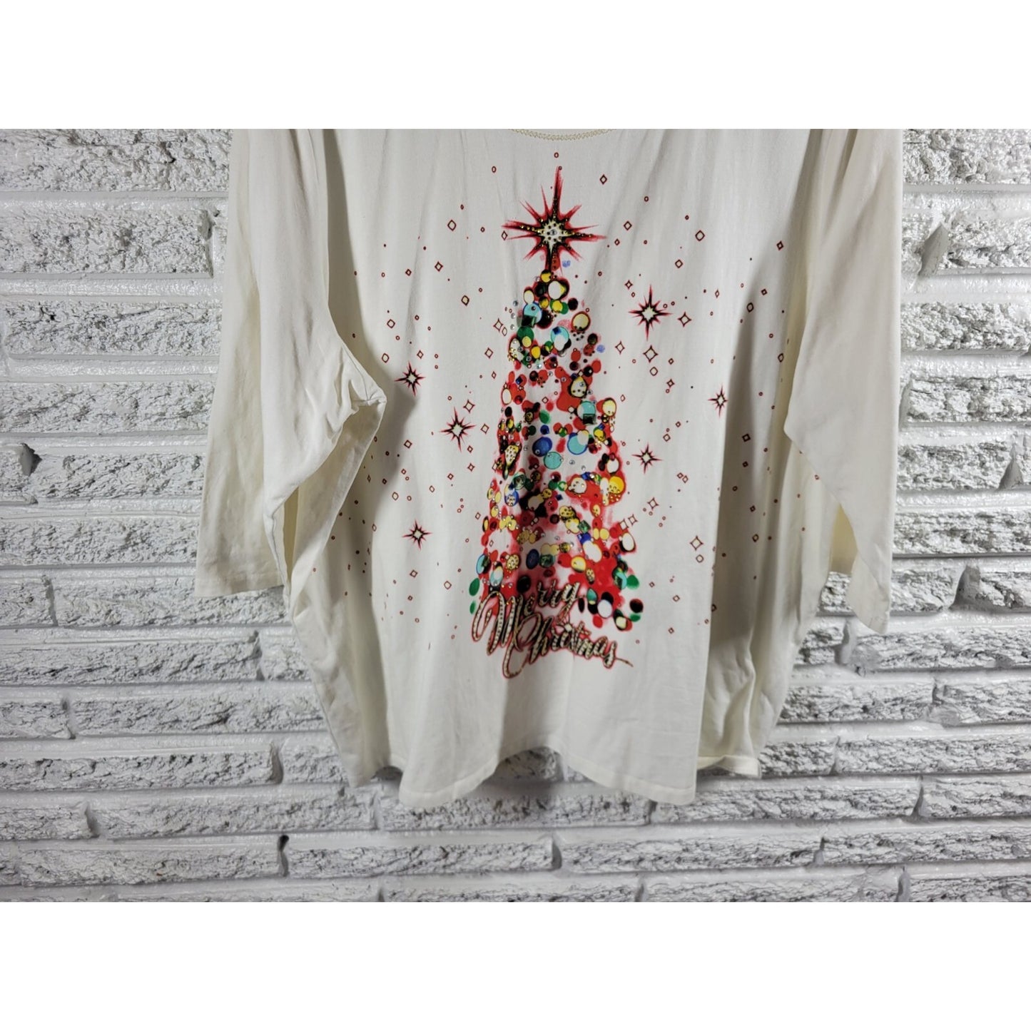 Christmas Onque Casuals Womens Top 2X Plus Tee 3/4 Sleeve Rhinestones Tree White