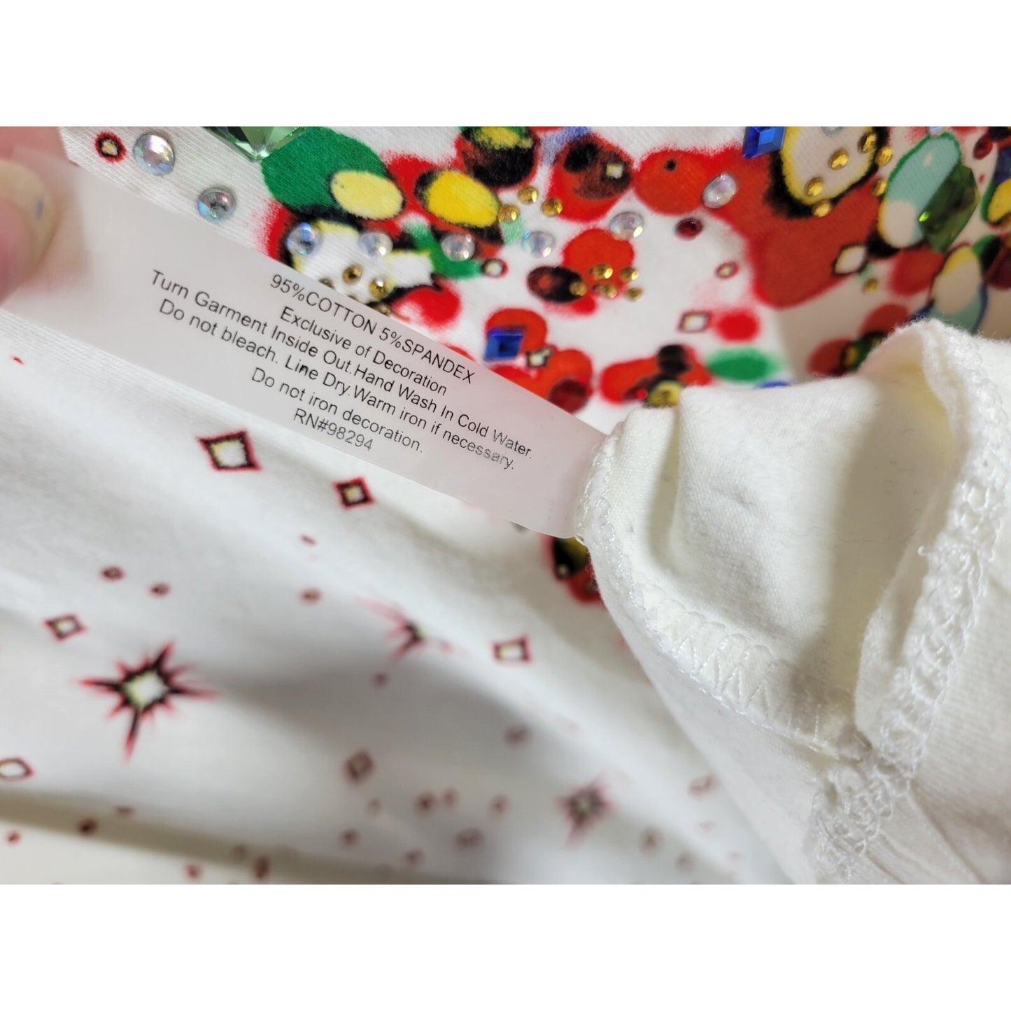 Christmas Onque Casuals Womens Top 2X Plus Tee 3/4 Sleeve Rhinestones Tree White