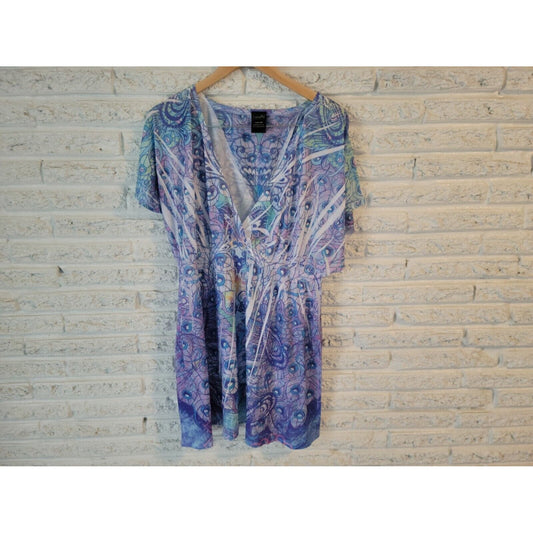 Catalina Womens Swim Coverup 1X Plus Batwing Sleeve Sublimation Blue Geometric