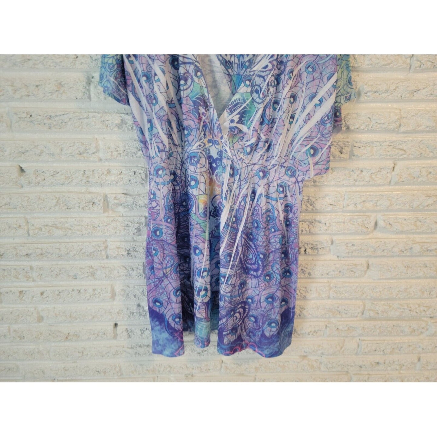 Catalina Womens Swim Coverup 1X Plus Batwing Sleeve Sublimation Blue Geometric