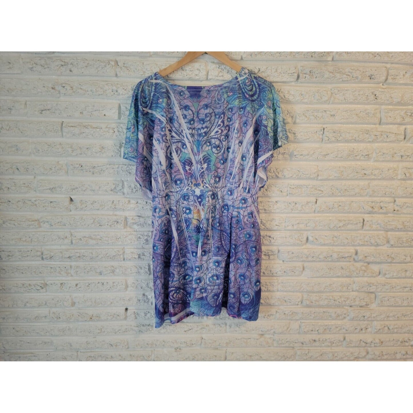 Catalina Womens Swim Coverup 1X Plus Batwing Sleeve Sublimation Blue Geometric