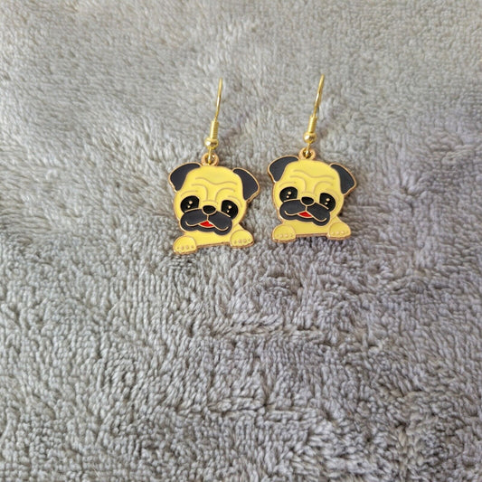 Bull Dog Dogs Puppies Earrings One Pair Gold Tone Dangle Fish Hook Novelty Fun