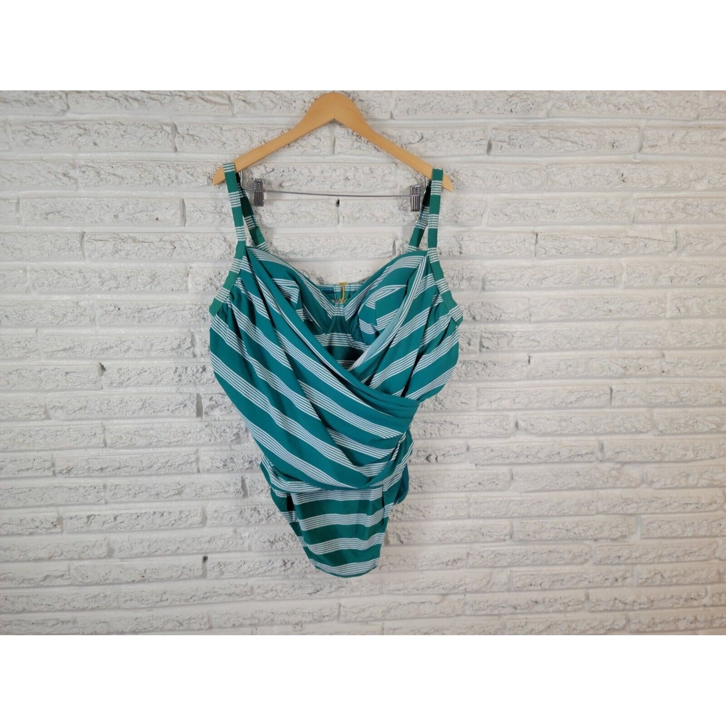 Terra Sky Women Swimsuit 4X 28W 30W One Piece Bra Clip Back Blue Green Stripe