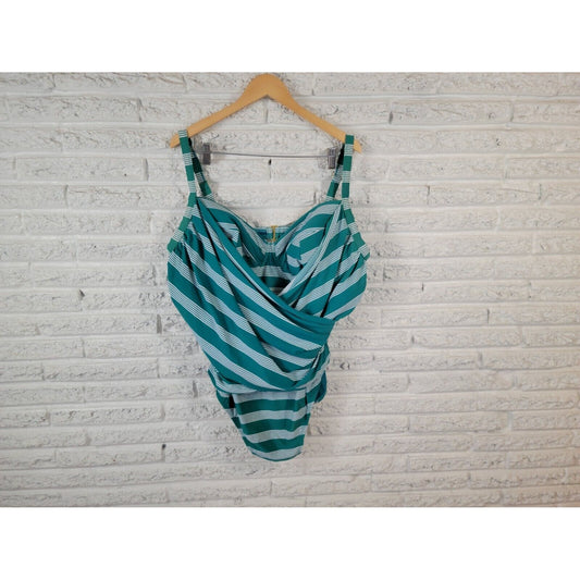 Terra Sky Women Swimsuit 4X 28W 30W One Piece Bra Clip Back Blue Green Stripe