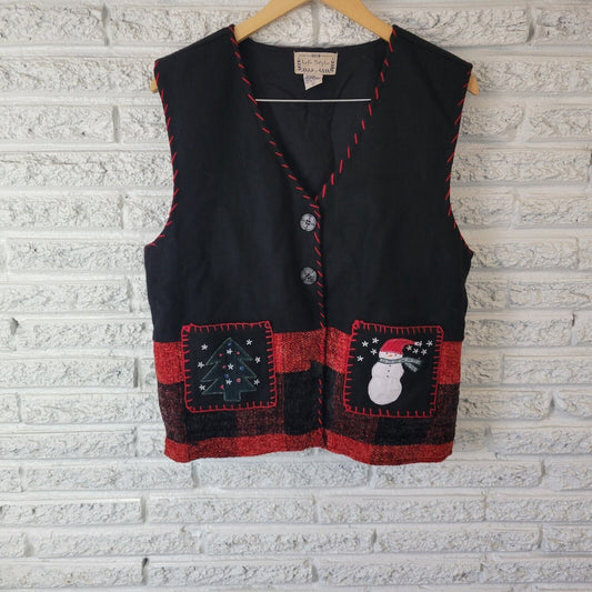 Christmas Life Style Womens Vest XL Black Red Wool Cotton Snowman Embroidered