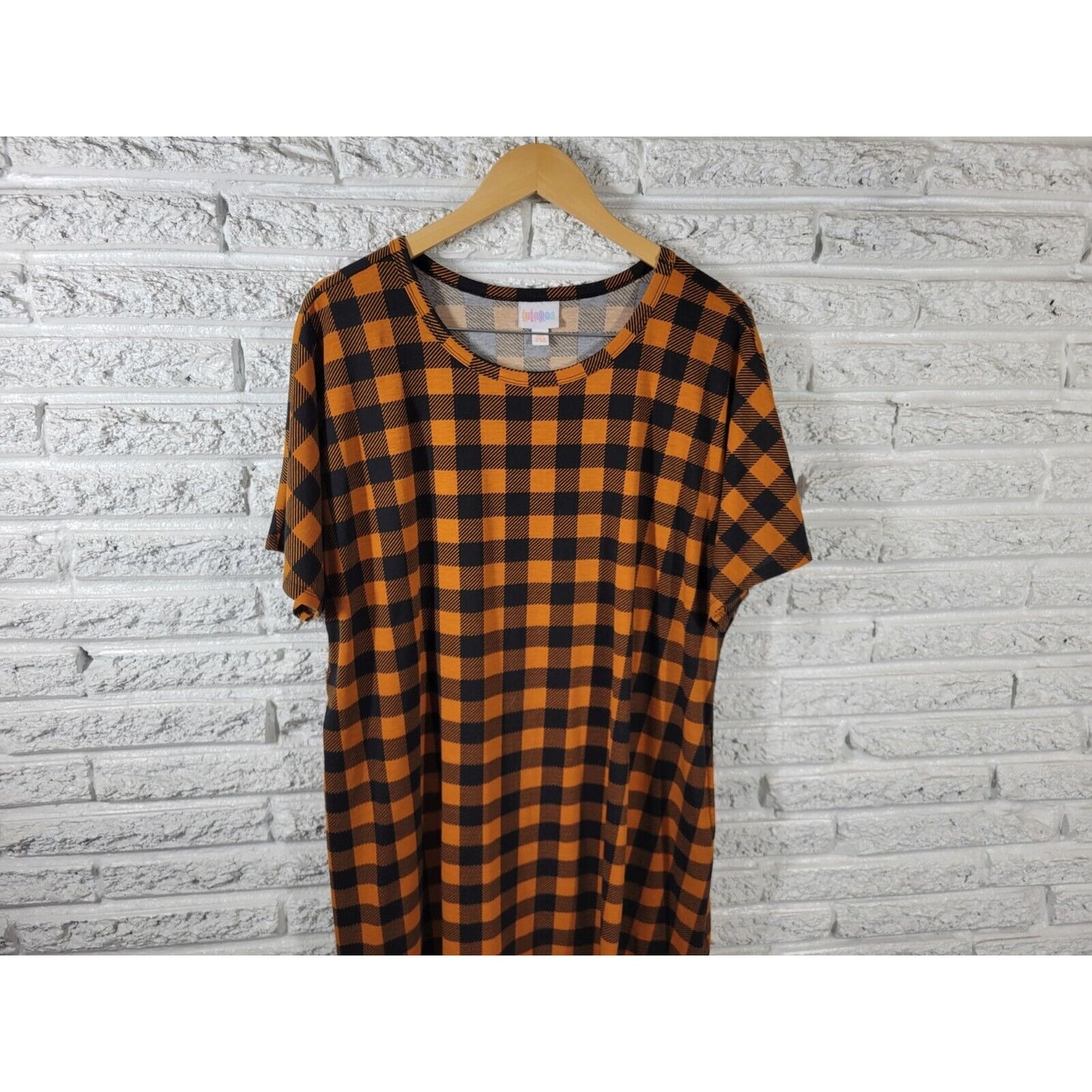 Lularoe Women Dress 3XL Plus Short Sleeve Orange Plaid Pockets Poly Blend Casual