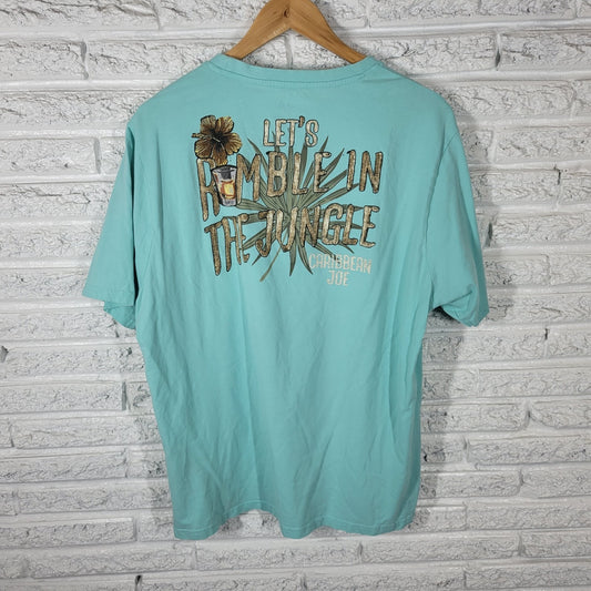 Caribbean Joe Womens Top XL Tee Short Sleeve Blue Lets Rumble in Jungle Cotton