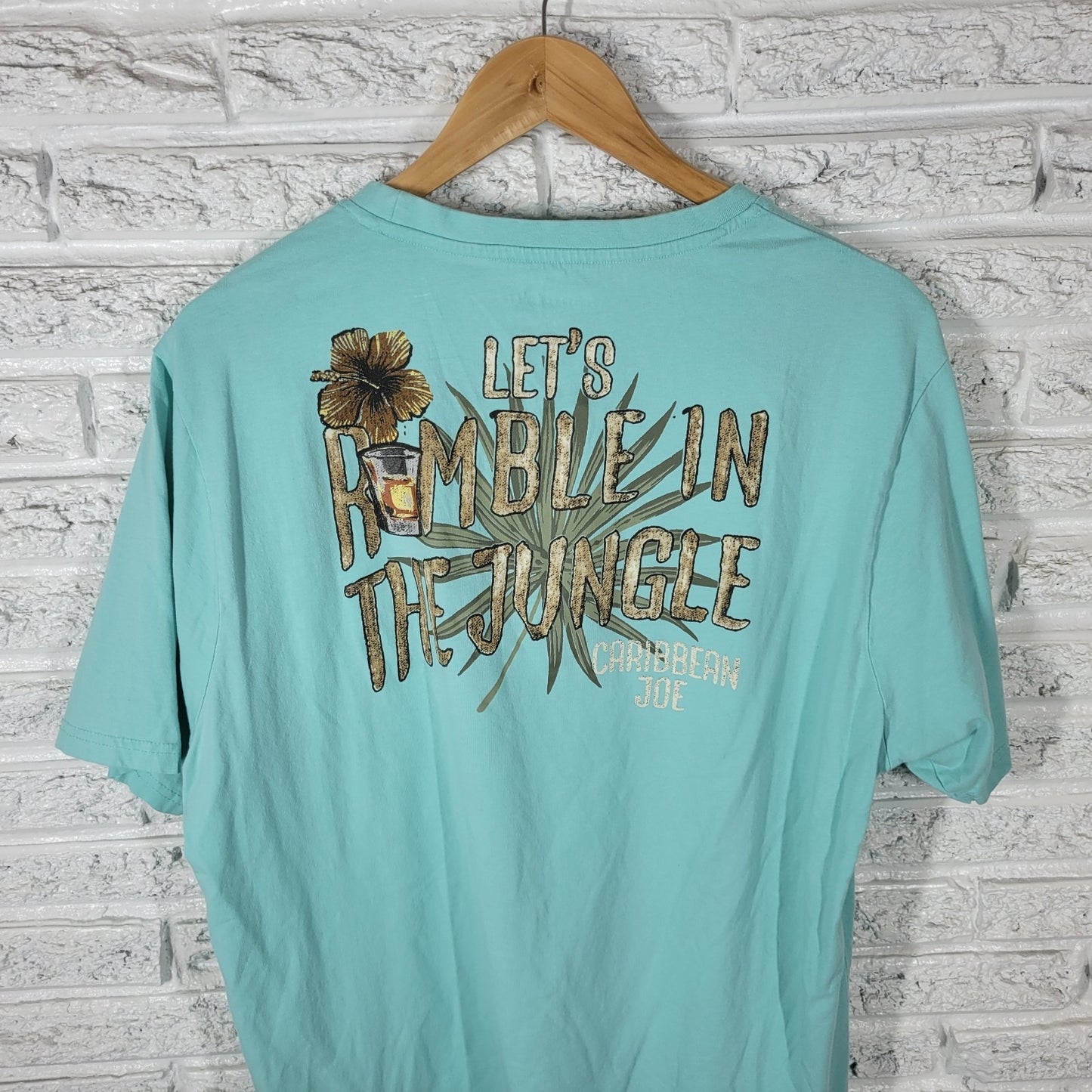 Caribbean Joe Womens Top XL Tee Short Sleeve Blue Lets Rumble in Jungle Cotton