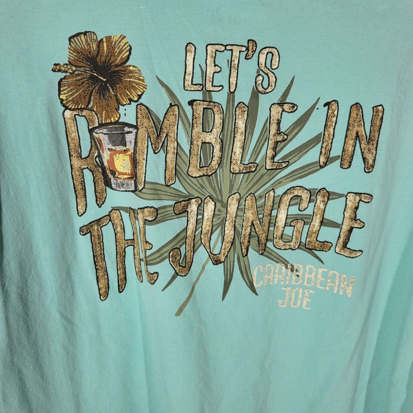 Caribbean Joe Womens Top XL Tee Short Sleeve Blue Lets Rumble in Jungle Cotton