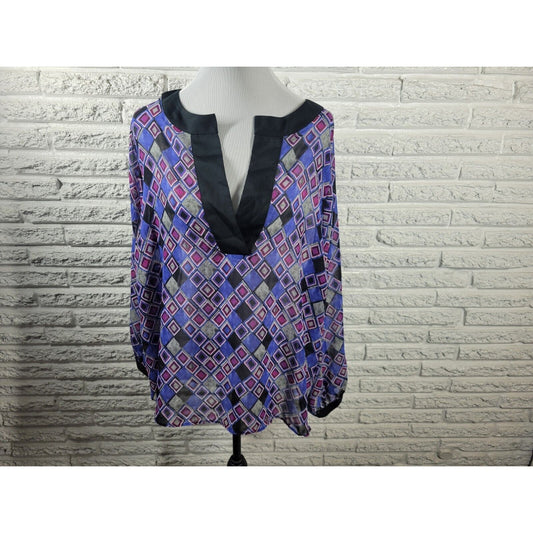 Lane Bryant Womens Top 22 24 Plus Long Sleeve Purple Geometric Sheer Office