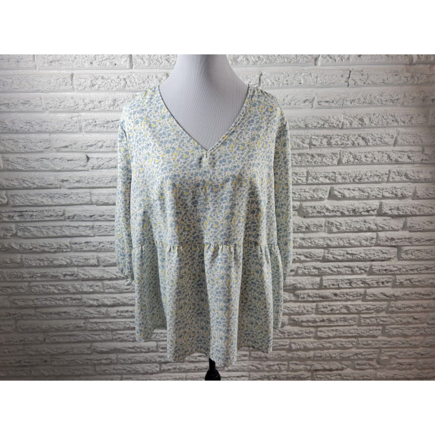Agnes Orinda Womens Top 2X Plus 3/4 Sleeve Blue Floral Polyester Casual Pullover