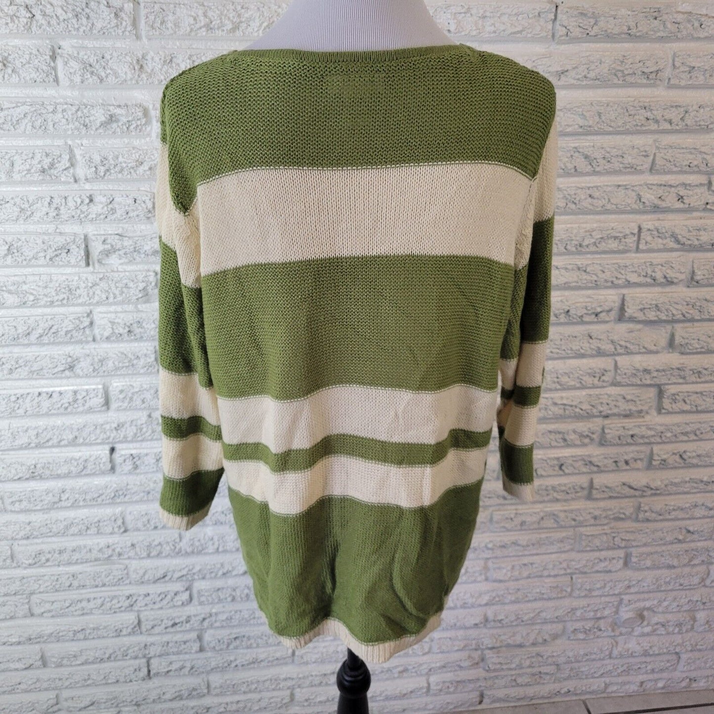 CW Classics Womens Sweater 1X 3/4 Sleeve Green Stripe Soft Lightweight Casual