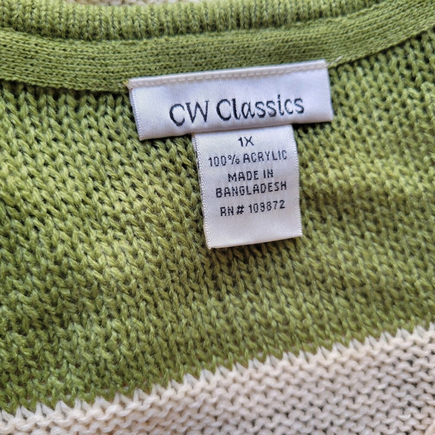 CW Classics Womens Sweater 1X 3/4 Sleeve Green Stripe Soft Lightweight Casual
