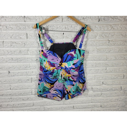 Time Tru Womens Swim Top 1X Adjustable Strap Built in Bra Lined Blue Watercolor