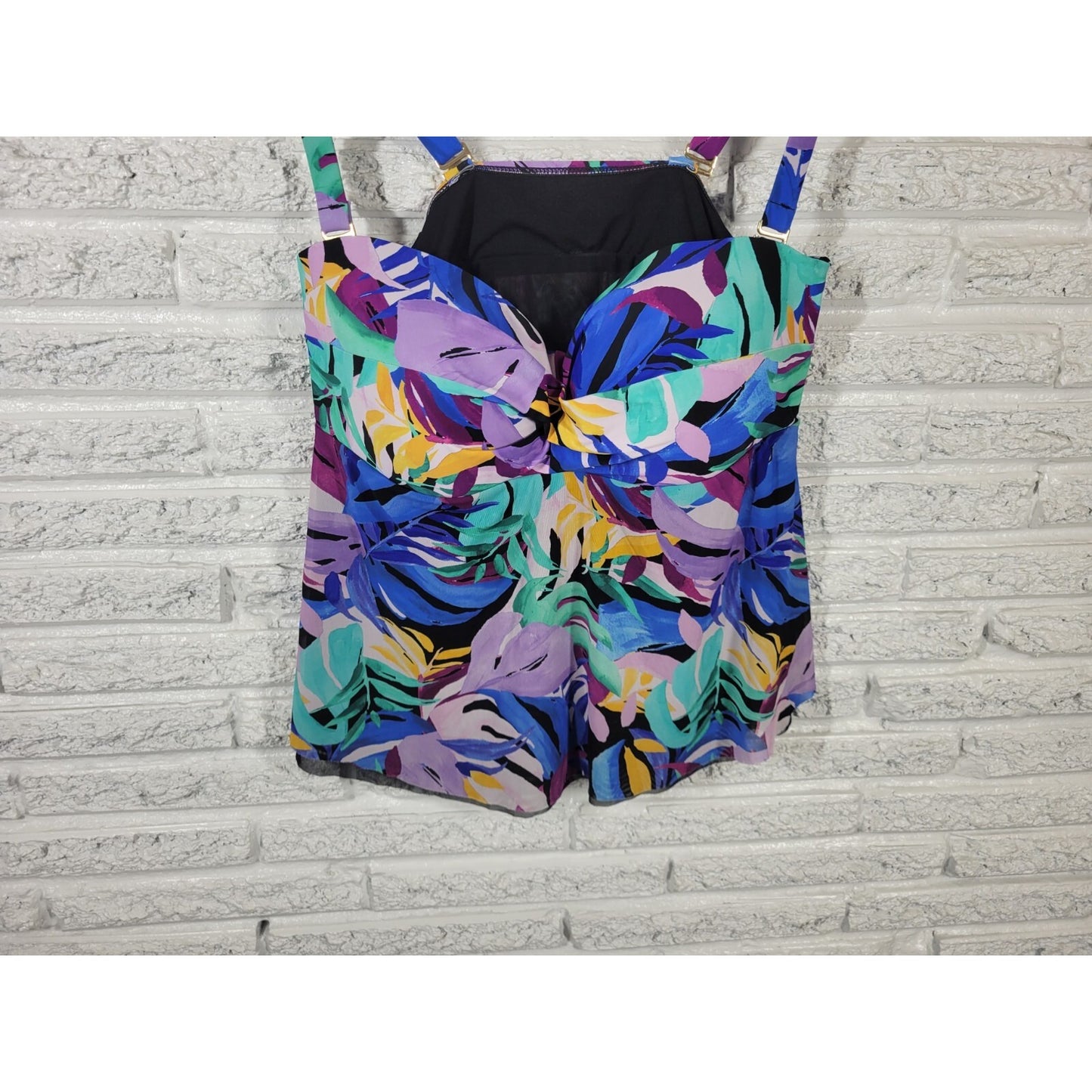 Time Tru Womens Swim Top 1X Adjustable Strap Built in Bra Lined Blue Watercolor
