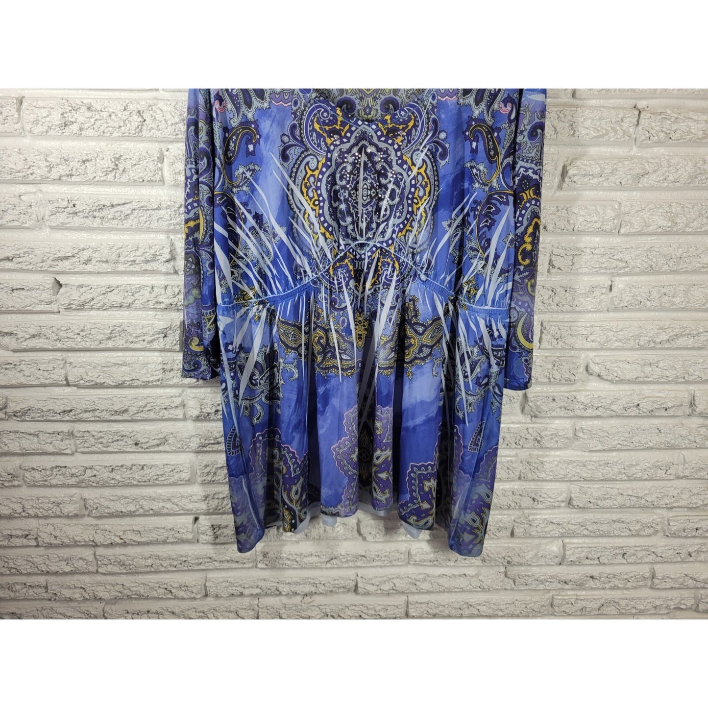Faded Glory Womens Top 3X Plus Tunic 3/4 Sleeve Blue Paisley Laser Rhinestones