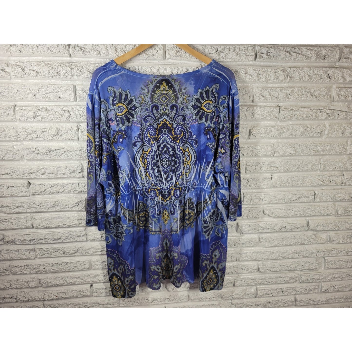 Faded Glory Womens Top 3X Plus Tunic 3/4 Sleeve Blue Paisley Laser Rhinestones