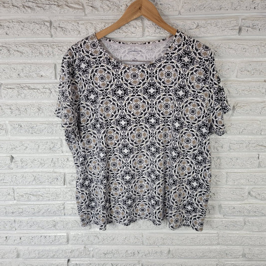 Croft & Barrow Womens Top 2X Plus Tee Black White Beige Geometric Cotton Classic